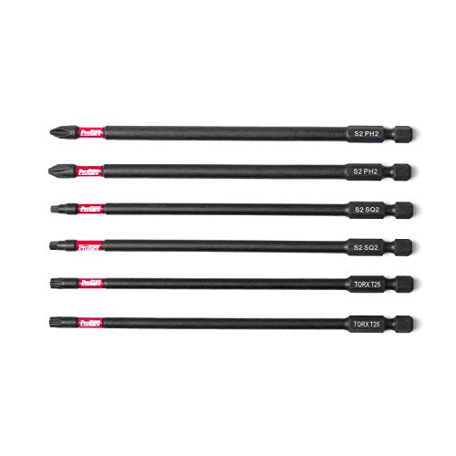 Protorq Long Impact Bit Set W/Clip, 2 Phillips, 2 Square, T25 Torx, 6-Inch Length, 6-Piece,Industrial Strength, 1/4" Hex Shank #TOP1