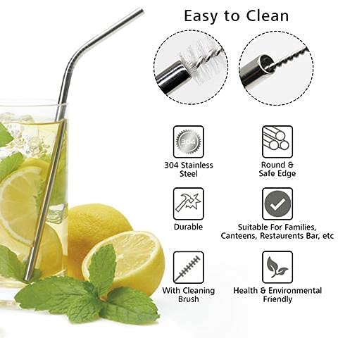 Image of E-COSMOS Reusable Stainless Steel Straws for Drinking with Brushes 8.5 Inches BPA-Free Metal, Thick, Long (2 Bent + 2 Straight +1 Brush)