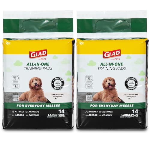 Glad for Pets Black Charcoal Puppy Pads, 23 x 23 Inch, 6-Layer Leak-Resistant Design, Activated Carbon Odor Control, Pheromone Attractant for Potty Training, 14 Count - 2 Pack