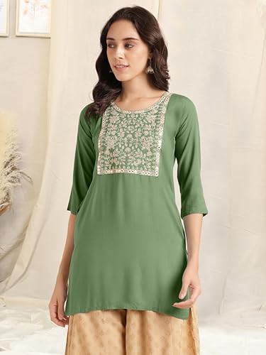 Image of MIRCHI FASHION Women's Straight Fit Rayon Sequins Embroidered and Polka Dots Printed Kurti Only