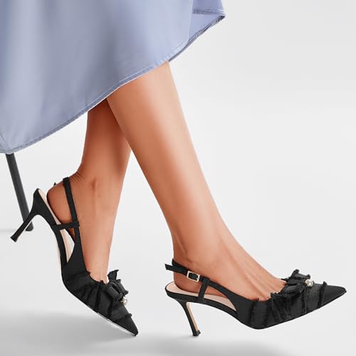 Image of Women's Slingback Heels with Bow Pointed Toe Pumps with Elasticated Strap 3.3 inch High Heels for Evening Dress Shoes