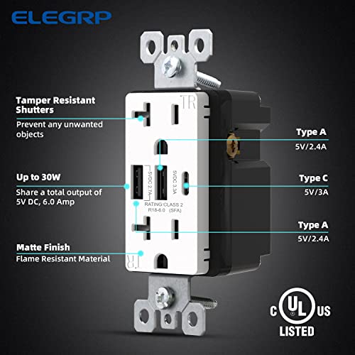 Elegrp Usb Outlets Receptacles, 3-Port Usb C Wall Outlet, 30W 6.0A Usb Electrical Outlet, 20 Amp Tamper-Resistant Outlet With Usb C Ports, Ul Listed, Screwless Wall Plate Included, 2 Pack, Matte White #TOP1