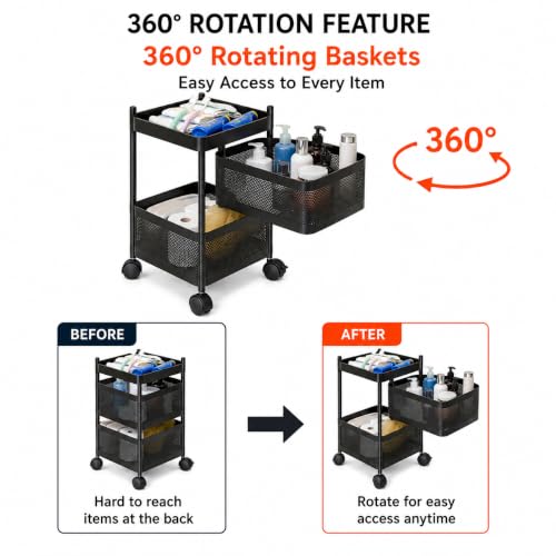Image of Homeor 2 Layer Kitchen Trolley with Wheels | 360 Rotating Metal Storage Rack for Vegetables, Fruits, Onion & Spices | Square Multipurpose Kitchen Organizer Stand | Metal Kitchen Trolley, Matte Black