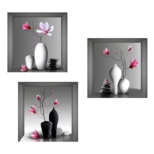 Kibi Lot de 3 impressions murales modernes, fleurs de magnolia avec vases, décoration zen en noir et blanc autocollants 3D vinyle amovible Wall Sticker pour...