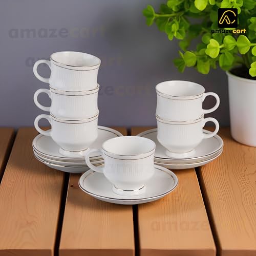 Image of Bone China Tea Set Gold Line in Royal Look(Set of 15 Pieces:6 Cups::6 Saucers::1 Milk Pot::1 Kettle& 1 Sugar Pot)