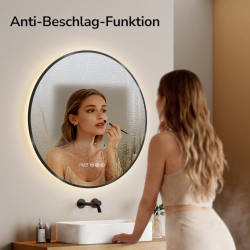 EMKE Badspiegel mit Beleuchtung Rund 80cm, Schwarzer, 3 Lichtfarben – Ansicht 5