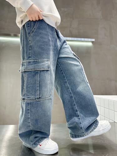 Boys' Loose-fit Workwear Jeans, Fashionable Loose-fit Jeans with Multiple Practical Pockets, Suitable for Casual wear3