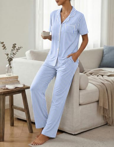 Image of Womens Pajamas Sets 2 Piece Button Up Pj Sets Short Sleeve with Long Pant