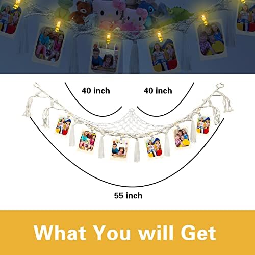 Toy Storage Hammock Organizer Net, Boho Macrame Plush Animal Toy Mesh Holder with tassel organizer LED light and photo clip, Wall Corner Storage Net Large Hanging Net for Kids Bedroom for Bedroom Wall