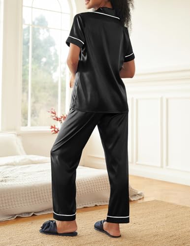 Image of Ekouaer 2 Piece Satin Short Sleeve Pajamas Set Button Down Sleepwear | Soft Pjs Set Classic Loungewear for Wedding, Party, Home, Daily Wear, Date Nights