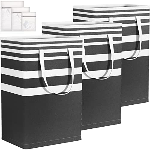 Laundry Basket, 3-Pack 75L Waterproof Laundry Hamper, Collapsible Laundry Bag with Extended Handles, Laundry Baskets for Laundry Clothes Toys, Family Dorm Room Essentials (Black)