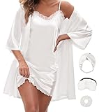 EPLAZA Bride Robe for Wedding Day Set Bridal Robes Satin Robe with Sexy Silk Lingerie for Bachelorette Party Getting Ready (White, M)