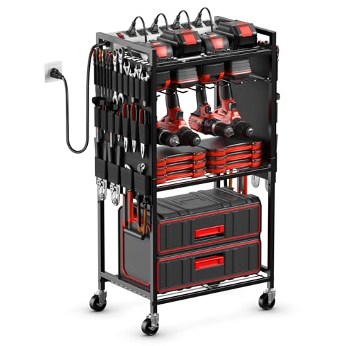 JUNNUJ Power Tool Organizer Cart with Charging Station 6 FT Cord Black