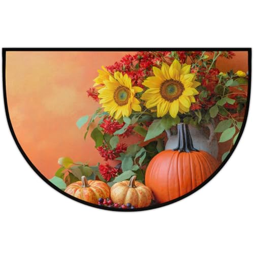 Image of cfpolar Half Round Door Mat Pumpkin Food Sunflower Fall Non-Slip Semi Circle Area Rug Washable Half Moon Hearth Rugs for Indoor Outdoor Bathroom Kitchen Patio Runner Mat Laundry Room Home Decoration