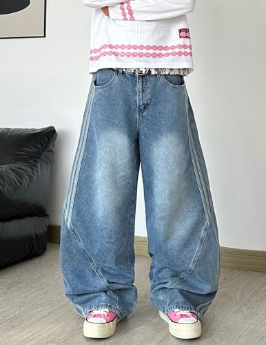 QGRSWBC Men's Jeans Y2K Wide Leg Irregular Sutures Baggy Denim Pants Loose Fit Hip Hop Skater Trousers Blue — view 4