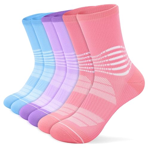 IRAMY Kompressionsstrümpfe Damen Herren Knöchelstütze Laufsocken Kompressionssocken Crew Wandersocken Sportsocken Plantar Fasciitis Socken 3 PaarRosa + Lila + Blau M
