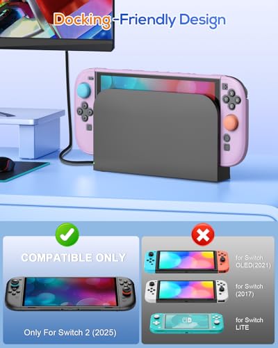 Image of FYOUNG Switch 2 Protective Case&Screen Protector Set, Dockable Cute Cover Hard Shell for Nintendo Switch 2 Console Accessories,Travel-Friendly,Kickstand Cutouts(Color‑Matched to Light Purple Switch 2 Controller)