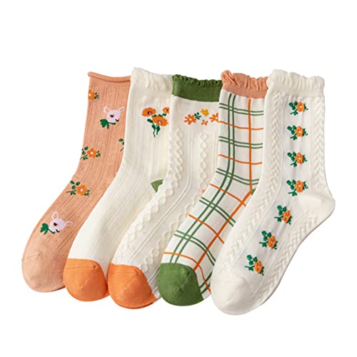 Oureamod 5 Pack Flower Womens Girls Cotton Crew Socks (Orange Series) #TOP10