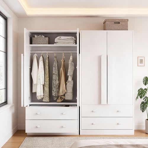 Yihomfy Armoire De Chambre 2 Portes avec Grand 2 Tiroir, Armoire De Chambre Adulte, Armoire Blanche éTagèRes RéGlables en Hauteur Et Tringle à VêTements, Anti-Basculement 170 x 70 x 40 Cm