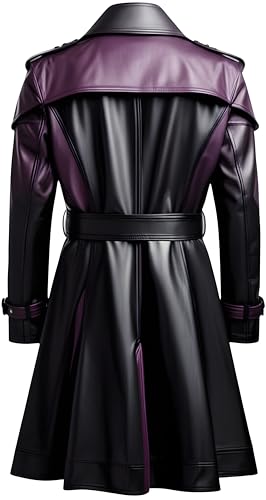 Men’s Two-Tone Faux Leather Trench Coat | Black & Purple Long Belted Jacket with Notch Lapel Collar, Gothic Streetwear4
