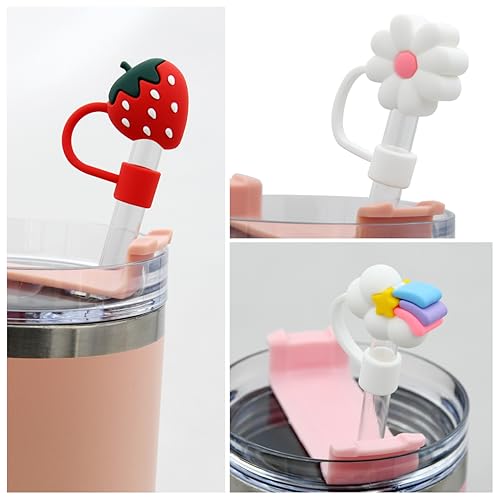 Image of Flower Straw Cover Cap for Stanley Cup Silicone Straw Topper Compatible with 30 and 40 Oz Tumbler with Handle,Straw Tip Covers 10 mm 0.4 in for Straw Tip Covers (6pcs Rainbow Flower Strawberry)