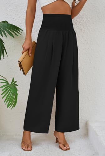 Womens High Waisted Flowy Palazzo Pants Casual Loose Wide Leg Long Lounge Capri Pants Trousers with Pocket (Black,L)2