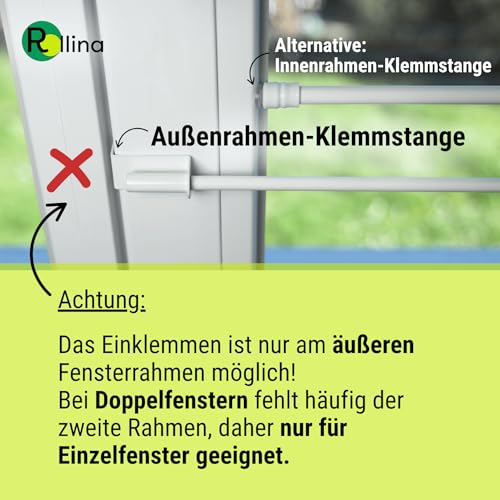 Rollina Gardinenstange zum Klemmen ohne Bohren | Klemmstange für Gardinen & Scheibengardinen | Vorhangstange Klemmstange ausziehbar 40–60 cm und Rahmenstärke 13-17 mm | Vitragenstange weiß Metall