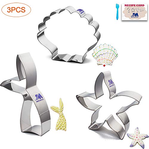 M JINGMEI Cortador de Galletas de Sirena bajo el mar, Juego de 3 Piezas a de Acero Inoxidable, Estrella de mar, Cola de Sirena, Concha de mar, Cortador de Criaturas del océano para Galletas, Fondant