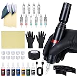 Yaskyly Tattoo Set de Machine Professionnel Pistolet à Tatouer Portable, Kit de Machine à Tatouer Rotative Sans Fil avec 10 Cartouches d'Aiguilles ＆7 Bouteilles D'encre pour Débutants et Artistes