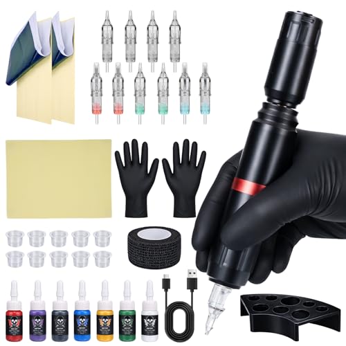 Yaskyly Tattoo Macchinetta Professionale per Tatuaggi, Kit di Penne Rotanti per Tatuaggi Senza Fili con Alimentatore, Cartucce di Aghi e Pigmenti Colorati per Tatuatori Professionisti e Principianti