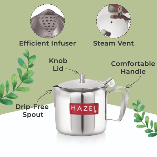 Image of HAZEL Stainless Steel Tea Serving Pot with Handle & Lid | Strong and Sturdy, Spill Proof Pouring, 400 ML