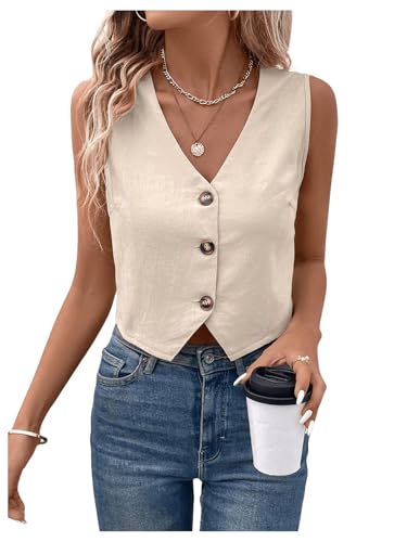 GORGLITTER Women's Striped V Neck Vest Top Sleeveless Cropped Vest Button Down Fashion Casual Dressy Tops Khaki Medium