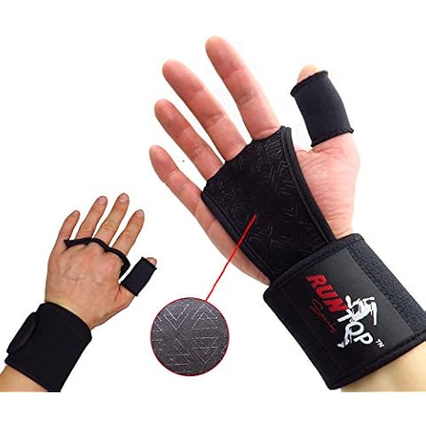 RUNTOP Cross Fitness Training WODS Grip Gloves Pads with Strong Wrist Wrap (18” Professional Quality) Brace Support & Silicone Padding Workout Fitness Weight Lifting Powerlifting Gym (Black, L) Cover