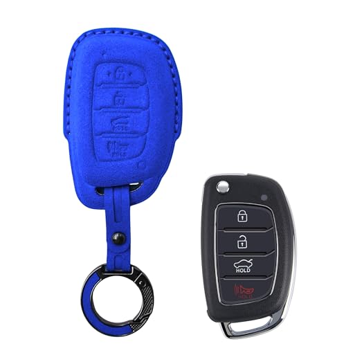 Image of KMH Alcantara Car Key Cover Compatible with Hyundai Alcazar Creta 2022 Venue i20 Tucson Elantra Smart keycover with Keychain 4 Button Shell Case Key Smart Keycover with Keychain (D2) Blue - Pack of 1