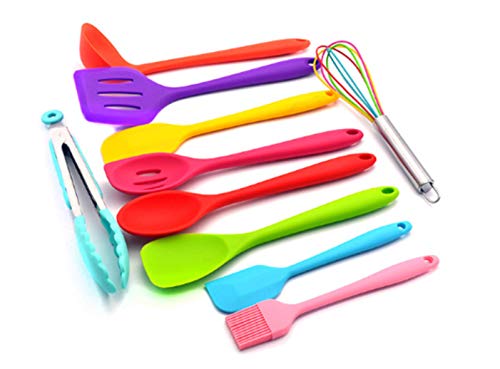 Kit 10 Peças Jogo De Utensílios De Silicone Maciço Cozinha Inox Pegador Espátula Colher Concha Pince