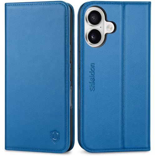 SHIELDON Genuine Leather Case for iPhone 17 6.3 Inch 2025 | Folio Wallet Design, Kickstand, RFID Blocking, 3 Credit Card Slots, Magnetic, Shockproof Phone Cover for Women Men - Sapphire Blue