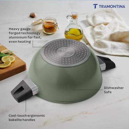 Image of TRAMONTINA Aura Extra Deep 28cm Kadai with Lid, 5.6L | Reinforced Ceramic Non-Stick Cookware | Quick & Even Heating | Low-Oil Cooking | Bakelite Handle | All Cooktop Compatible | Sea Green
