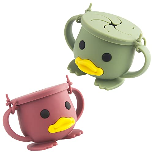 Snack Becher,2 Stück Snackbecher Silikon,Auslaufsicher Snackbehälter für Kleinkinder, Snack Cup mit Deckel,100% lebensmittelechtes Silikon, BPA-frei, einfach zu halten und tragbar, (rot + grün) Cover