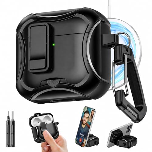 Image of Mizi AirPods Pro 3 Case (2025) with Lock & Phone Stand, MagSafe Compatible Protective Cover with Auto-Open Lid, Shockproof TPU+PC Case with Cleaning Kit & Keychain - Black