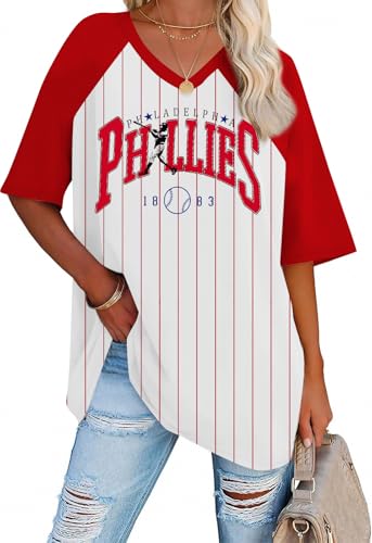 Womens Baseball T-Shirt Oversize Vintage Softball Graphic Short Sleeve Shirts Baseball Heart Tee Top Red Stripe