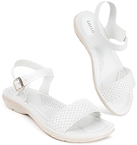 Intini Women's Braided Flat Sandals Open Toe Slip On Memory Foam Beach For Summer Sandals Women White 42 Eu #TOP5