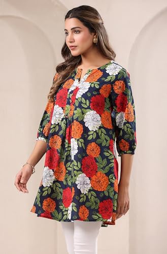 Image of Janasya Women's Pure Cotton Floral Printed A-Line Tunic