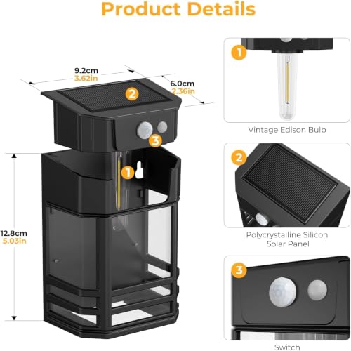 Image of XERGY Solar Powered Outdoor Wall Lights with Motion Sensor, 3 Lighting Modes, 1200mAh Battery, Retro Design, Waterproof, Security Lights for Garden, Deck, Porch, Balcony, Gate (Pack of 2)