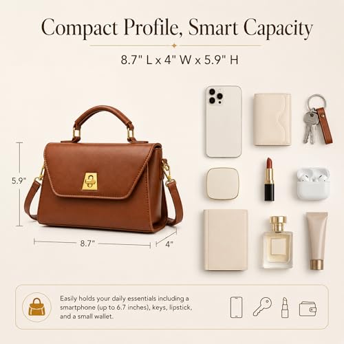 Image of Crossbody Bag for Women Shoulder Handbag PU Leather Satchel Purse with Top Handle Gold Turn Lock Adjustable Strap