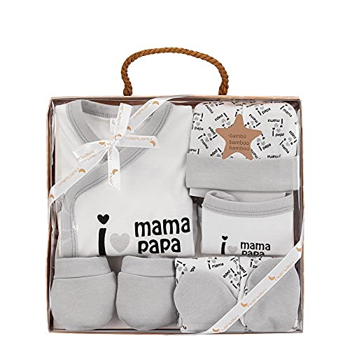 Set Regalo Primera puesta de 5 Piezas I Love Mamá Papá, Algodón Orgánico e Hipoalergénico Topitos De 0 a 6 meses aprox (Gris)