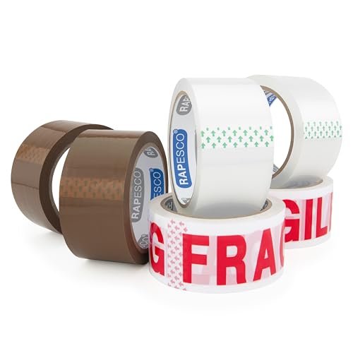 Rapesco 1687 Cintas de Embalaje, 50 mm de ancho, Paquete con 6 Rollos de Cinta, 2 x Marrón, 2 x Transparente, 2 x FRÁGIL