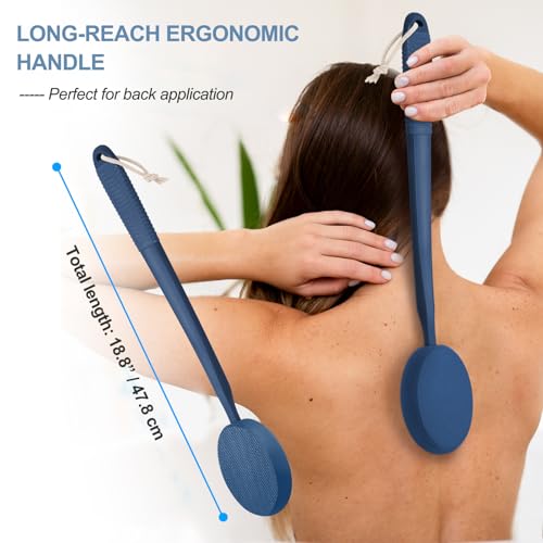 Eincremehilfe Lotion-Applikator für Rücken, Füße und Beine, langer Kunststoffgriff, Feuchtigkeitscreme, Sonnenschutz und Salbenapplikator für ältere Männer und Frauen mit 3 waschbaren Pads (Blau)