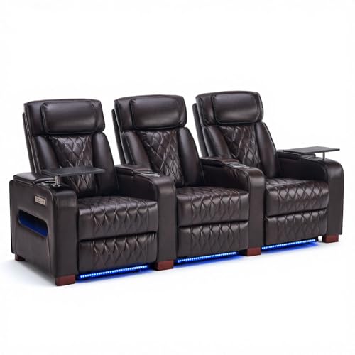 Image of Luxury Home Theater Seating - Power Recliner with Adjustable Headrests, Blue LED Ambient Lighting, Tray Table, USB & Type-C Charging (Dark Brown,3 Seat)