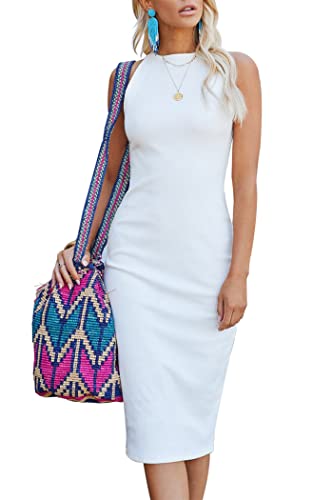 Image of PRETTYGARDEN Women's Summer Ribbed Bodycon Midi Dresses | Soft Stretchy Knit, Sleeveless Tank Dress, Slim Fitted, Elegant Spring Outfit for Work, Vacation Travel, Date Night, Party