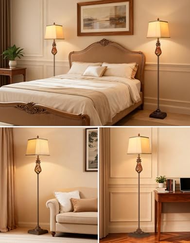 Image of 64'' Vintage Floor Lamp with Nightlight, Rustic Farmhouse Tall Standing Lamp with Rotary Switch and Beige Faux Silk Shade for Living Room, Corner, Bedroom, House Decor, Brown (Bulb Included)